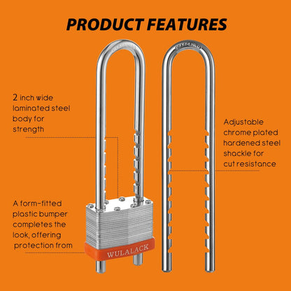 WULALACK 2-Inch Laminated Steel Keyed Padlock with Adjustable Shackle – Long Shackle, 2 Keys