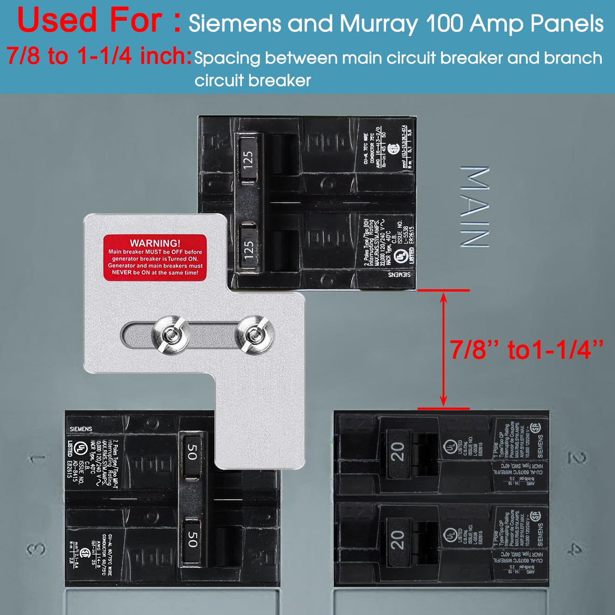 XMK Generator Interlock Kit for Siemens/Murray 100A Panels – 7/8 to 1 1/4 Inch Spacing