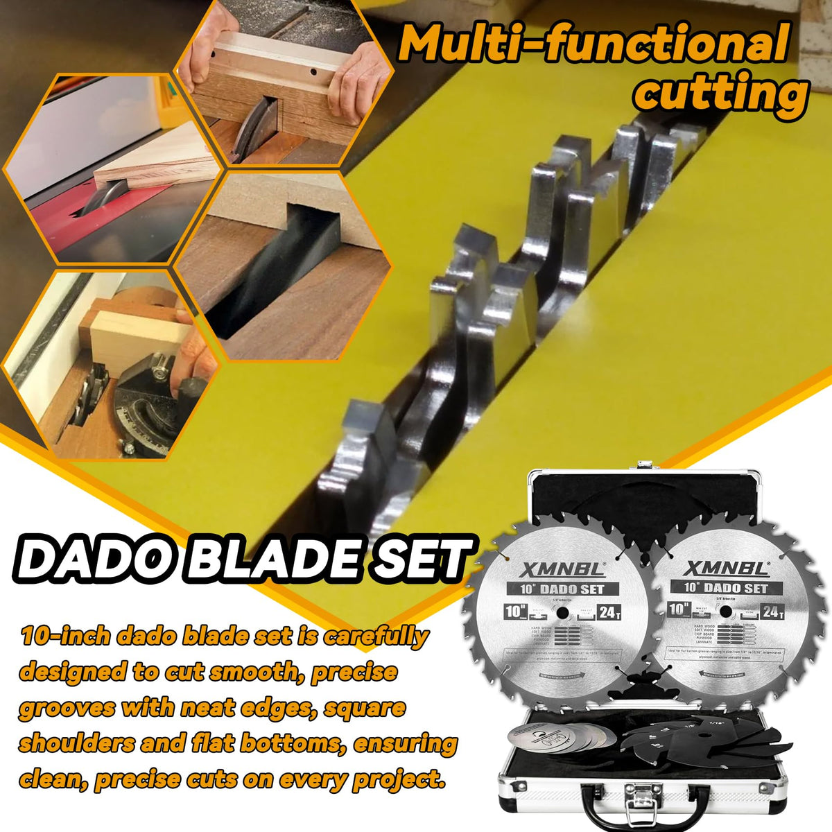 Xmnbl 10-Inch Stacking Dado Blade Set – 24-Tooth, 14-Piece, 1/4in–13/16in Range