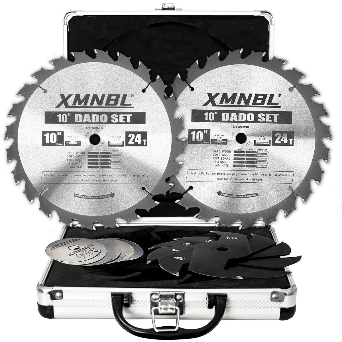 Xmnbl 10-Inch Stacking Dado Blade Set – 24-Tooth, 14-Piece, 1/4in–13/16in Range