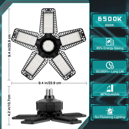 YIBEYYDS Garage Lights - 160W 16000LM 6500K, 5+1 Deformable Panels, E26/E27, Black