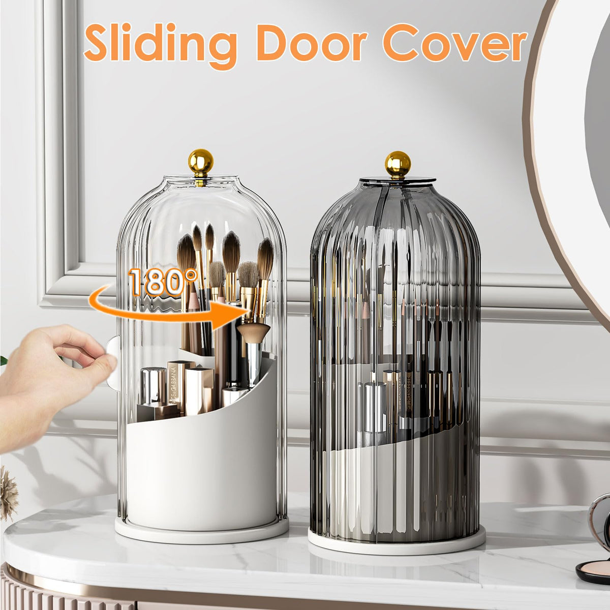 YOOLENS Makeup Brush Holder with Lid - 360° Rotating, Dustproof Clear Organizer for Vanity