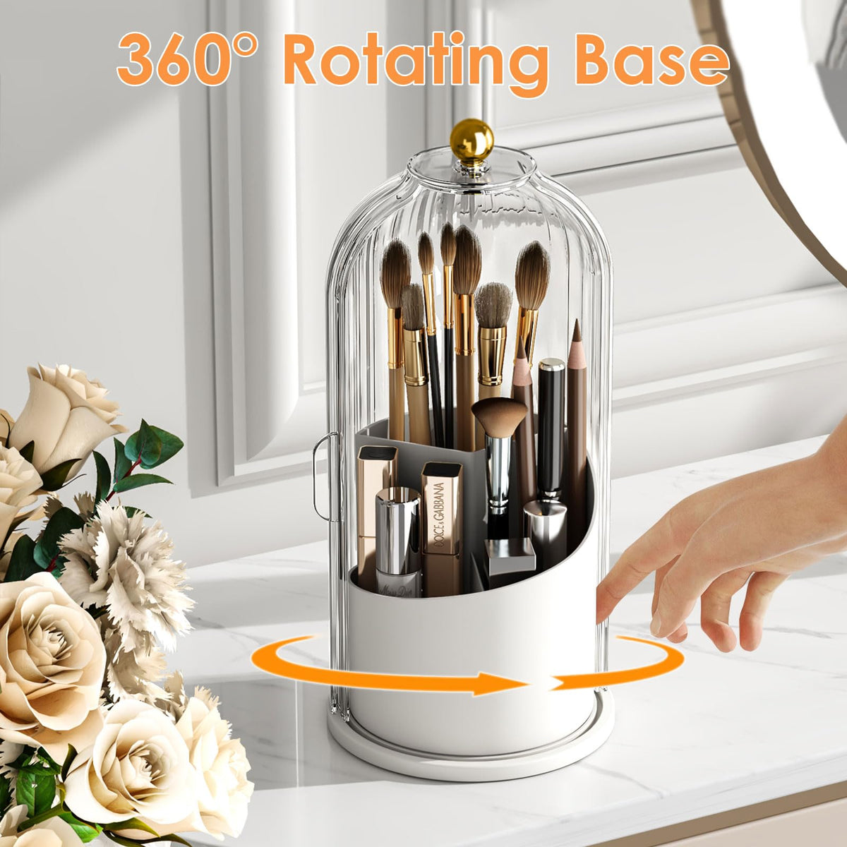 YOOLENS Makeup Brush Holder with Lid - 360° Rotating, Dustproof Clear Organizer for Vanity