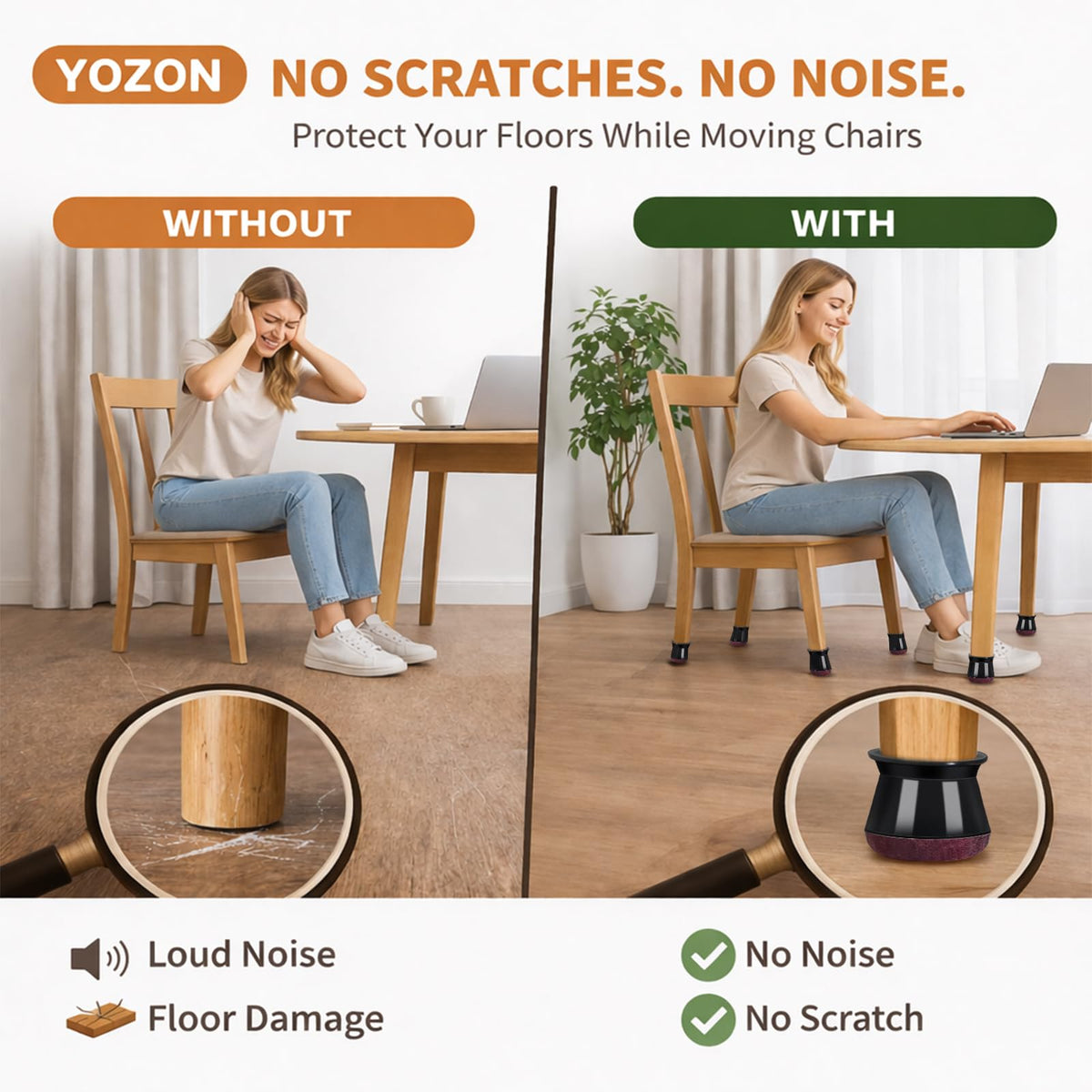 YOZON Small Chair Leg Floor Protectors – 32 Pack Felt Pads & Silicone Caps for Hardwood Floors (1/2" to 3/4" Legs)