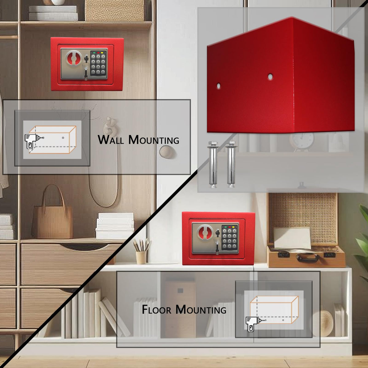 Yuanshikj Electronic Deluxe Digital Security Safe Box with Keypad – Compact Home & Office Safe (Red)