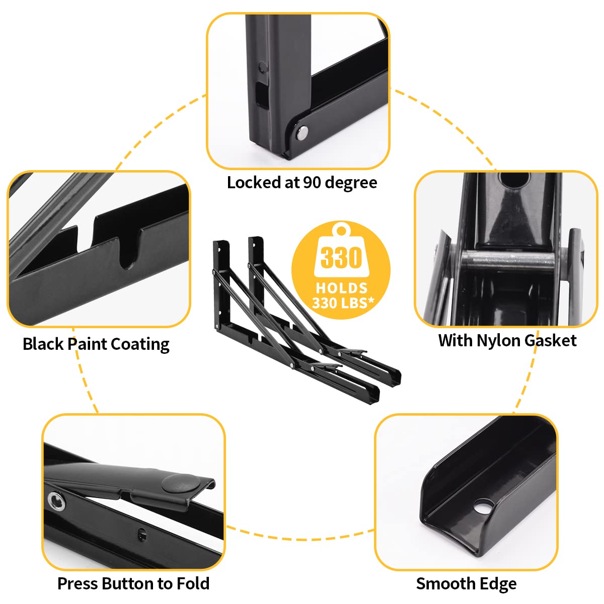 YUMORE Folding Shelf Bracket Heavy Duty – 12 Inch Collapsible L Bracket, 330 lbs, 2 Pack