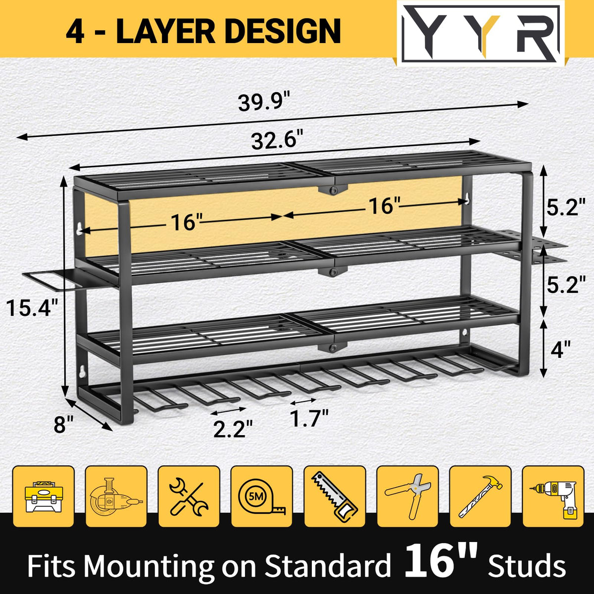 YYR 4-Layer Power Tool Organizer Wall Mount | 32-Inch Drill Rack & Charging Shelf