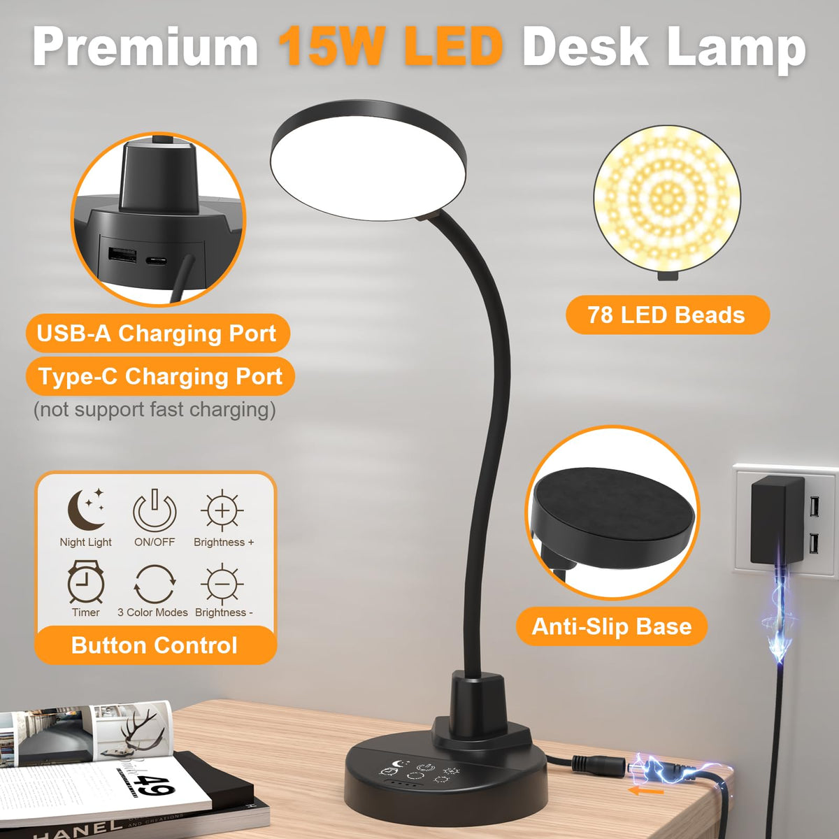 ZAPLIT 15W LED Desk Lamp with USB Ports – Dimmable Gooseneck Task Light