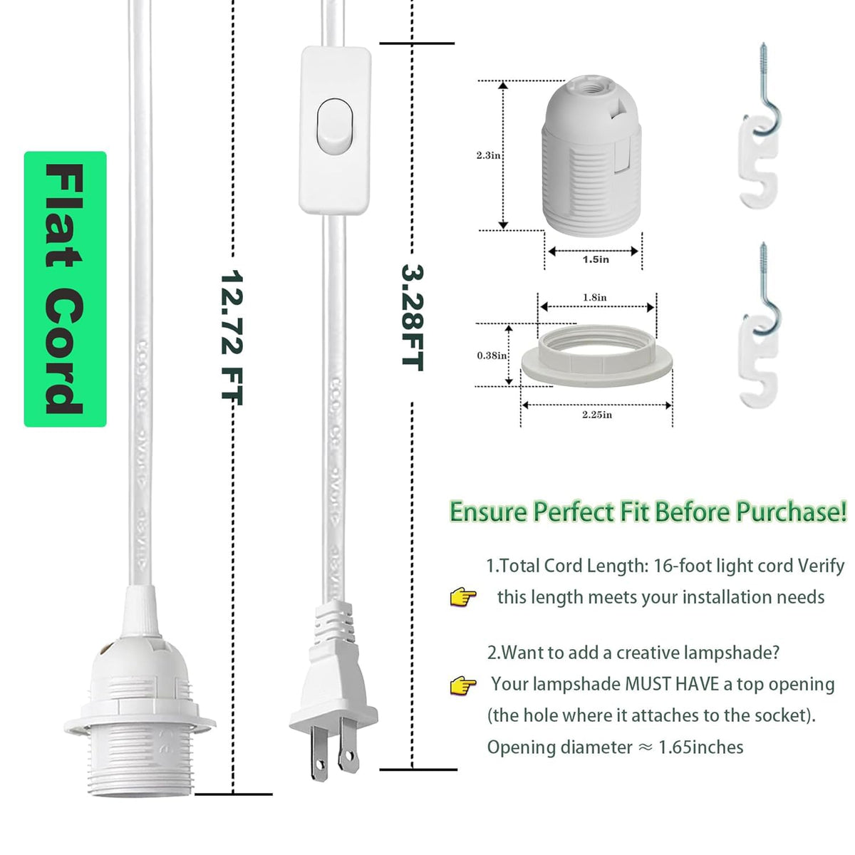 Zarnicy Plug-In Light Socket 16ft Pendant Cord Kit – E26/E27, On/Off Switch, 2 Pack, White