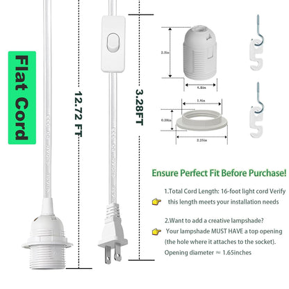 Zarnicy Plug-In Light Socket 16ft Pendant Cord Kit – E26/E27, On/Off Switch, 2 Pack, White