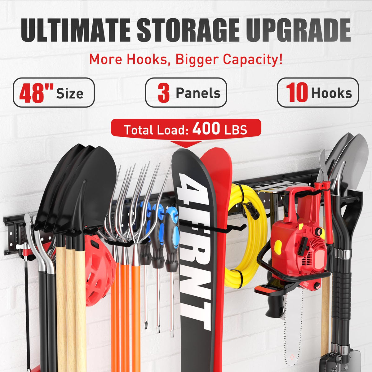 ZICANYCO Garage Tool Organizer Wall Mount 48in with 10 Heavy-Duty Hooks