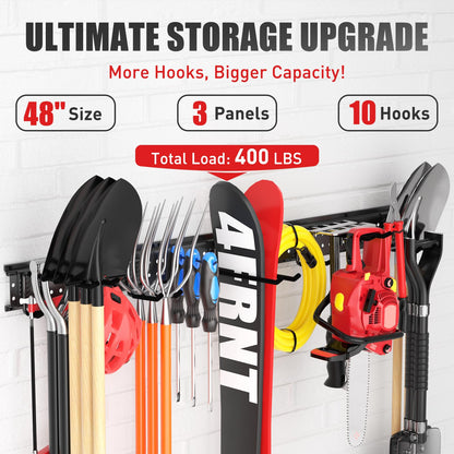 ZICANYCO Garage Tool Organizer Wall Mount 48in with 10 Heavy-Duty Hooks