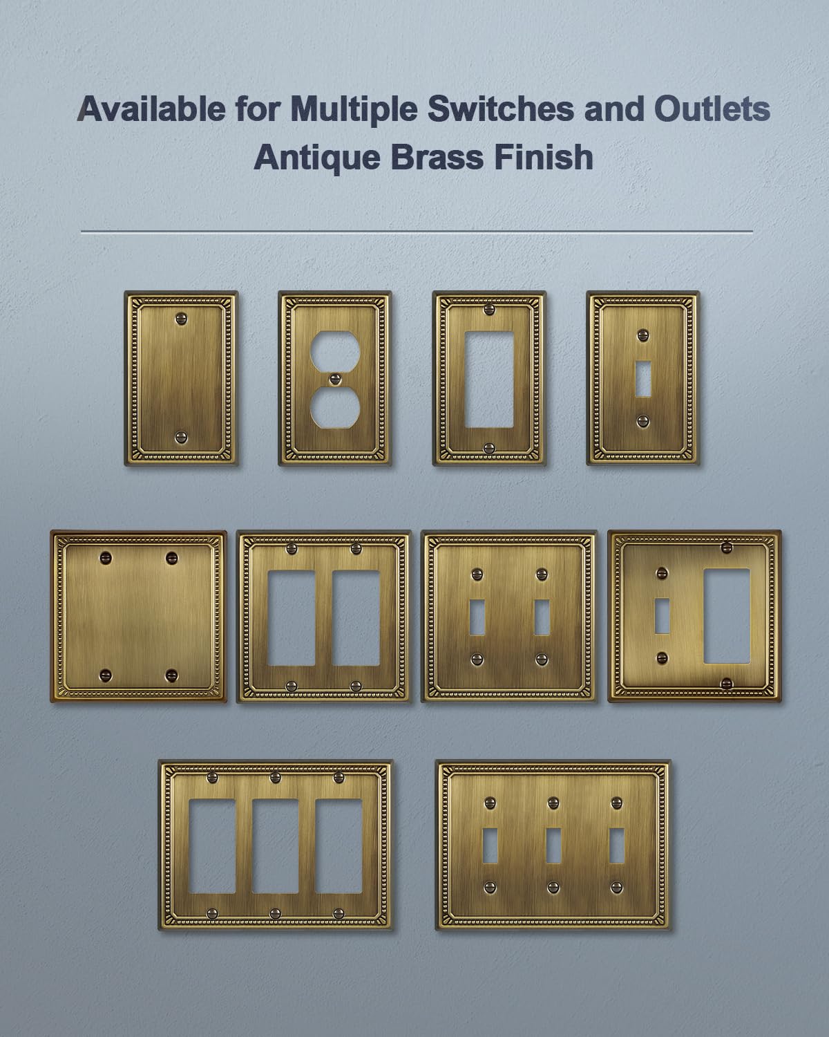 ZILLSEA Metal Wall Plates – Antique Brass Pearl Design, 3-Toggle (2-Pack)