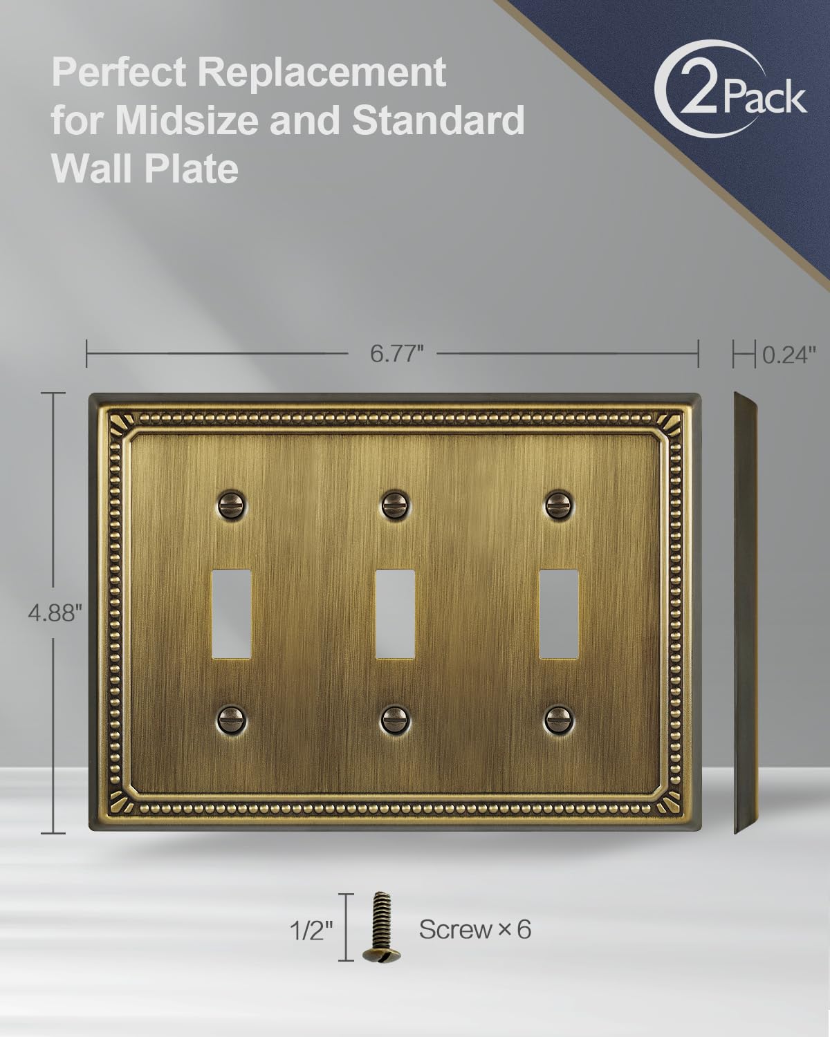 ZILLSEA Metal Wall Plates – Antique Brass Pearl Design, 3-Toggle (2-Pack)