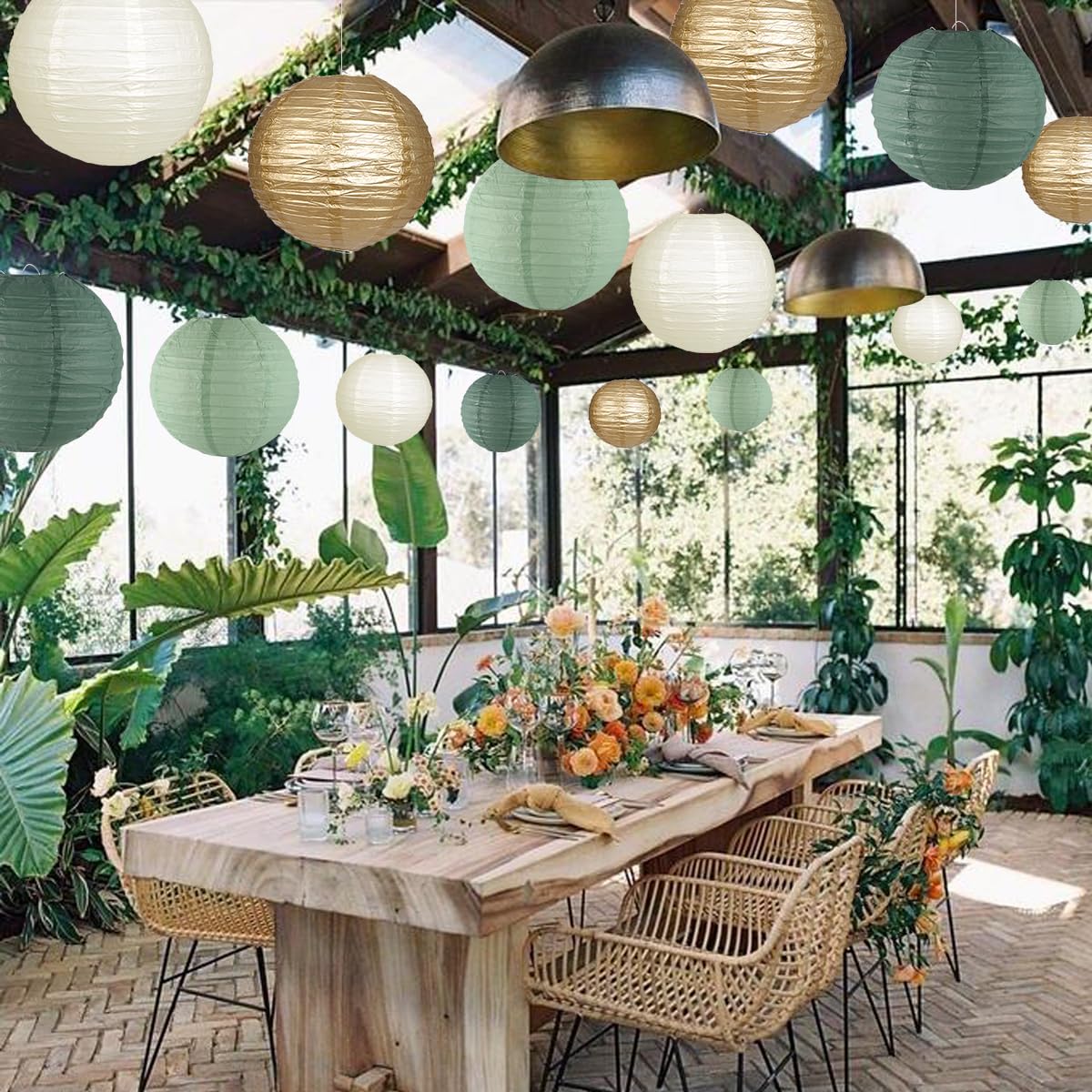 zilue Sage Green & Gold Paper Lanterns – 15pc Rustic Wedding & Party Decor