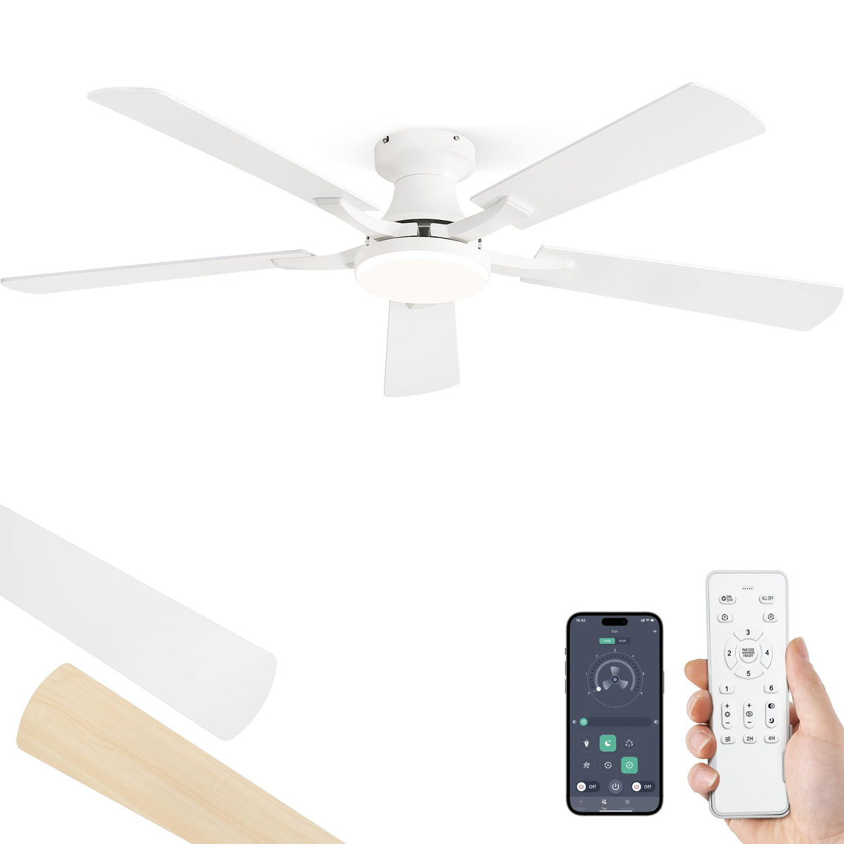 ZMISHIBO 52-Inch Ceiling Fan with Light – App & Remote, Flush Mount, Dimmable LED, Quiet Reversible Motor, White