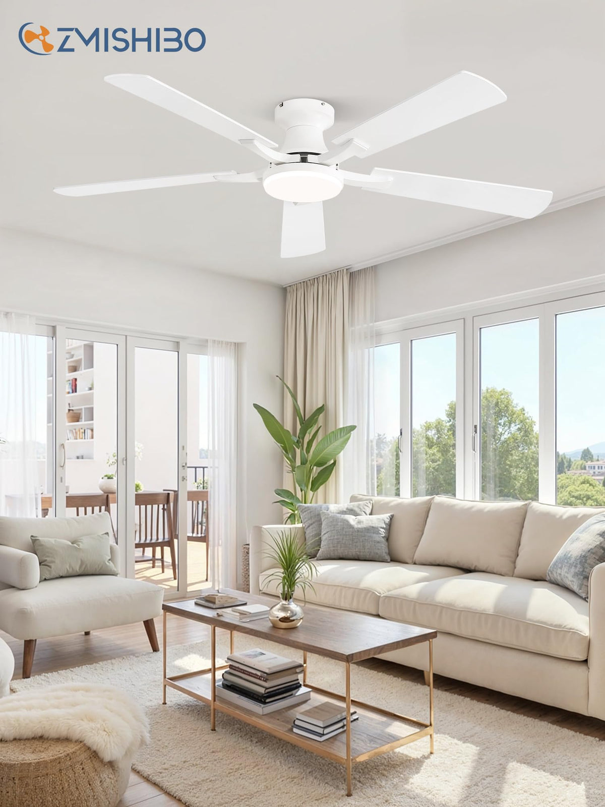 ZMISHIBO 52-Inch Ceiling Fan with Light – App & Remote, Flush Mount, Dimmable LED, Quiet Reversible Motor, White