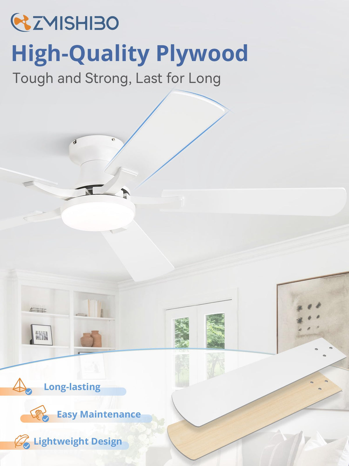 ZMISHIBO 52-Inch Ceiling Fan with Light – App & Remote, Flush Mount, Dimmable LED, Quiet Reversible Motor, White