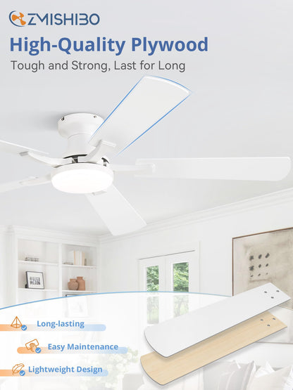 ZMISHIBO 52-Inch Ceiling Fan with Light – App & Remote, Flush Mount, Dimmable LED, Quiet Reversible Motor, White