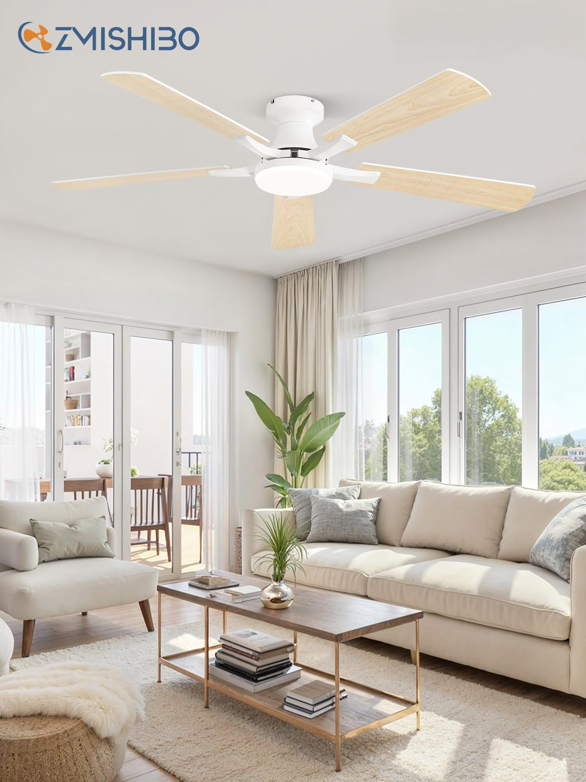 ZMISHIBO 52-Inch Ceiling Fan with Light – App & Remote, Flush Mount, Dimmable LED, Quiet Reversible Motor, White