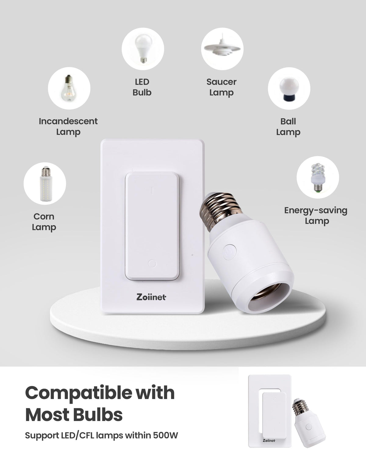 Zoiinet 500W Wireless Light Switch Socket – No Wiring Needed, E26/E27 Bulbs