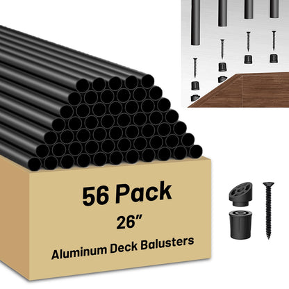 ZONEGRACE 56-Pack 26-Inch Aluminum Balusters for Deck Railing – Black Round Metal Spindles