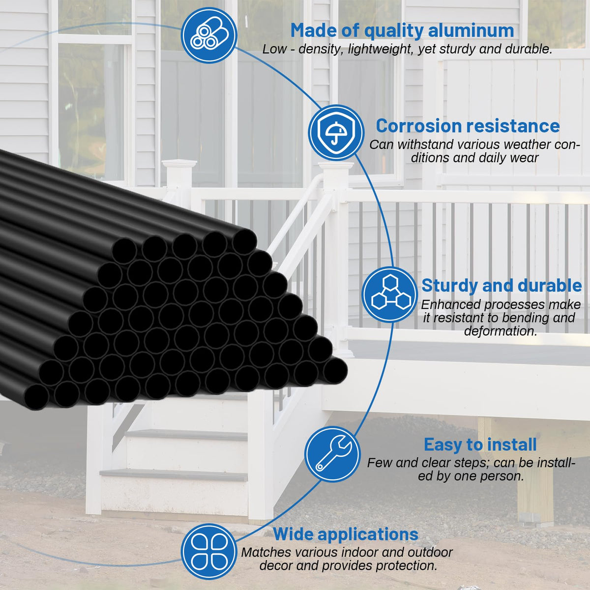 ZONEGRACE 56-Pack 26-Inch Aluminum Balusters for Deck Railing – Black Round Metal Spindles