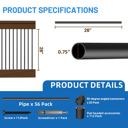 ZONEGRACE 56-Pack 26-Inch Aluminum Balusters for Deck Railing – Black Round Metal Spindles